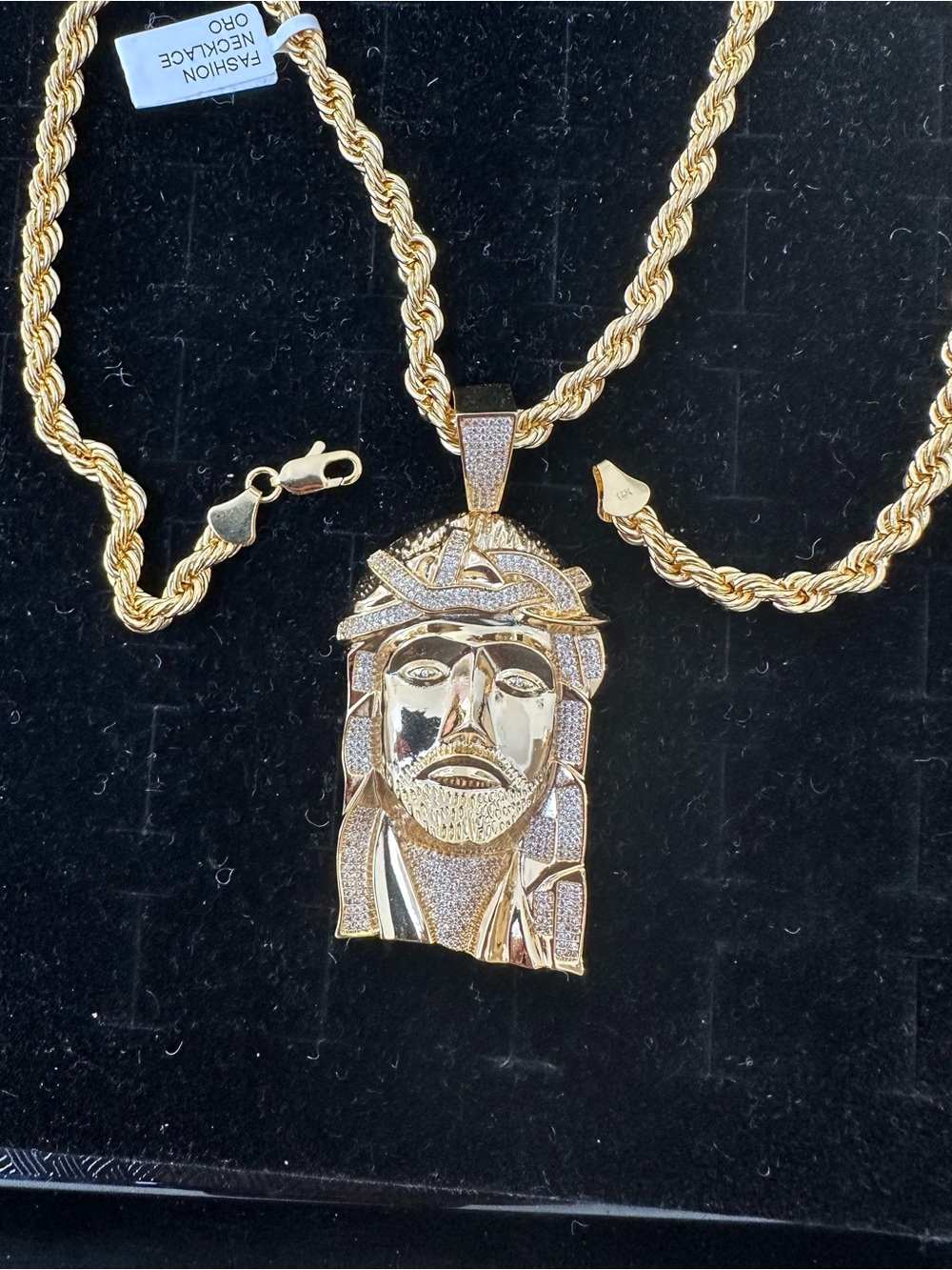 New Gold plated cz Jesus Face Pendant charm with new gold plated necklace chain